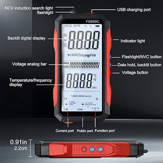 FS899C Digital Multimeter with LCD Screen, USB C Rechargeable Electrical Testing, 6000 Counts True RMS AC/DC Voltage Tester, NCV, Capacitance, Non Voltage Detector for Car, Home