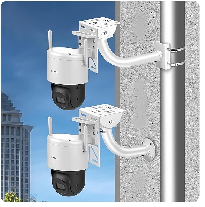 J-Shaped Aluminum Wall Mount with Cable Management Hole & L-Shaped Adapter - Duckbill Design (180° Tilt/360° Swivel) for CCTV Dome/IP Cameras, Space-Saving Indoor/Outdoor Use