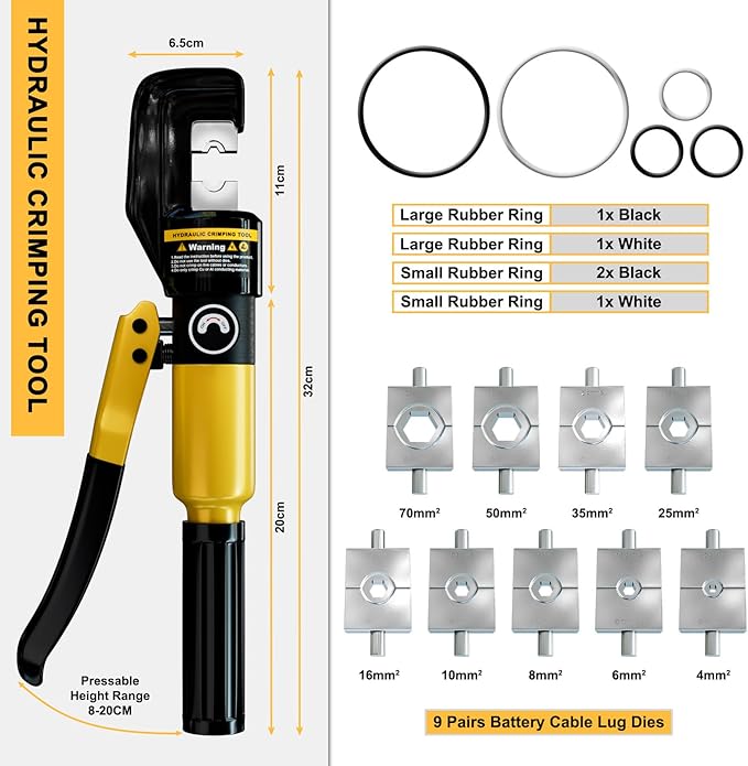 Hydraulic Crimping Tool 10 Tons 12 AWG to 00 (2/0), Battery Cable Crimper Tool with 9 Hexagonal Dies, Hydraulic Wire Crimping Kit for Wire Rope and Battery Terminal Lugs