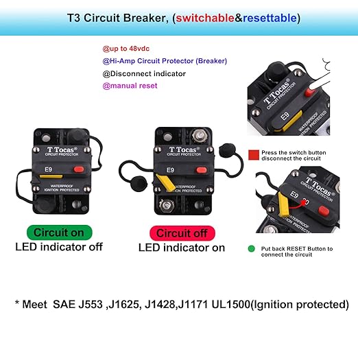 E9 50 Amp Circuit Breaker 12V - 72V DC with Manual Reset | UL Certified Waterproof IP67 | Surface Mount 50A Switch Button with LED Indication