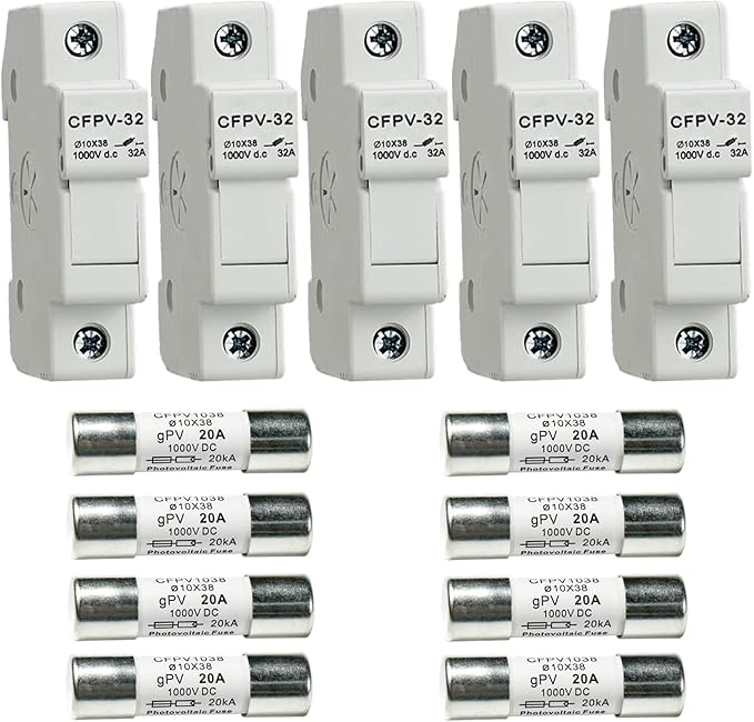 HQRP Combo: 5-Pack Solar PV CFPV-32 DIN Rail Fuse Holder, 1-32Amp, 1000VDC and 8-Pack Photovoltaic Fast Acting Fuse Links CFPV-1038, gPV Type, 20 Amp 1000V DC, 10x38mm, 20kA IR, Solar PV Ceramic Fuses
