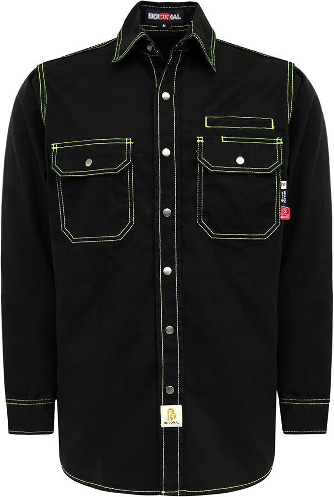 BOCOMAL FR Shirts for Men Snaps Down 7.5oz Water Repellent Fire Resistant Welding Jackets-NFPA2112 CAT2