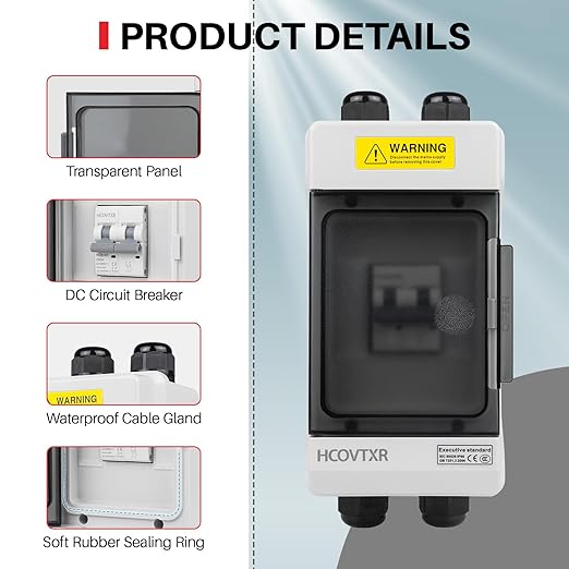 Solar Panel Disconnect Switch 60A 1000VDC Solar Shut Off Switch 2 Poles Outdoor DC Miniature Circuit Breaker Box, Waterproof UV-Proof for Solar PV Home Systems (1000V 60A)