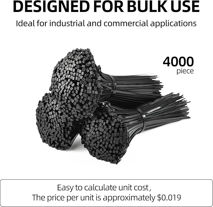 Black Zip Ties 8 Inch (4000 Pack),50lbs Tensile Strength,Heavy Duty Self-Locking Nylon Cable Ties, UV Resistant Flame Retardant Cable Ties for Indoor and Oudoor Use