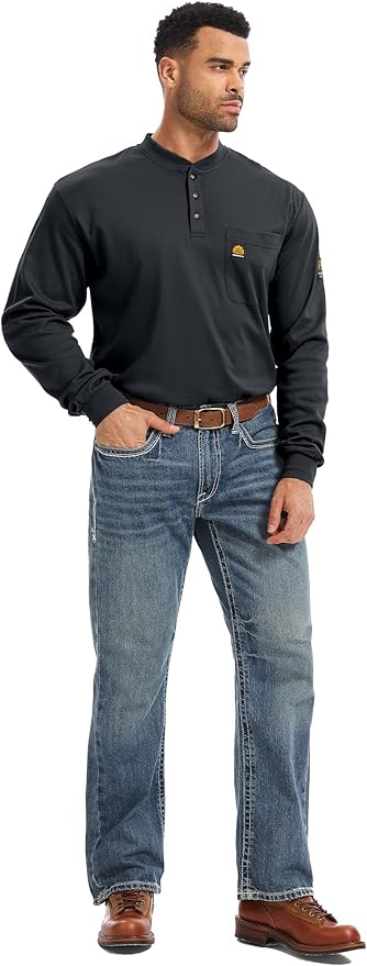 WORKWEYA 6.5oz Flame Resistant Henley Shirt 100% Cotton Lightweight FR Shirts for Men