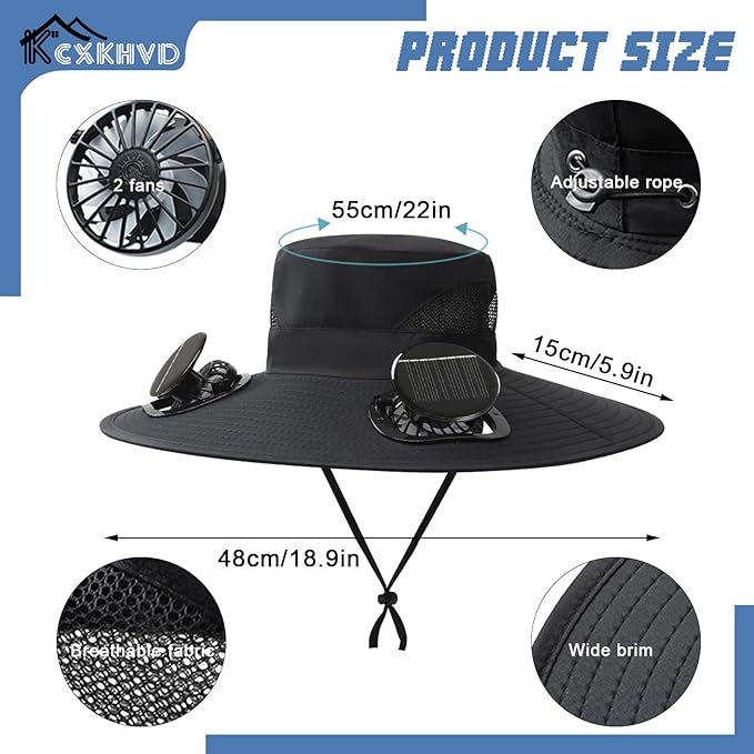Wide Brim Solar Fan Hat, Fishing Hat with Fan for Men Removable & USB Charging Fan, Waterproof Outdoor Hiking Camping Fishing Hat Grey