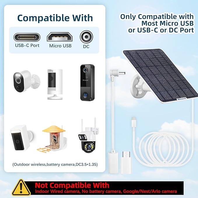 6W Upgraded Solar Panel for Security Camera,6V USB C Solar Charger Match to Rechargeable Battery Powered Bird Feeder Cam,Ring Camera Solar Panels with DC Micro-USB Port,9.8ft Cable 360° Swivel Bracket