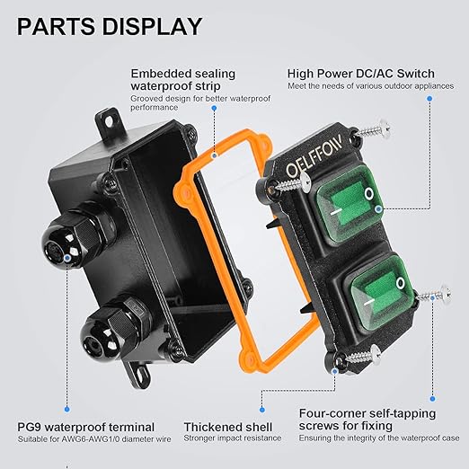 Waterproof On Off Toggle Switch Double Switch/Outlet with Green Light Rocker Button Inline Cord Switch DPST AC 20A-125V,16A-250V