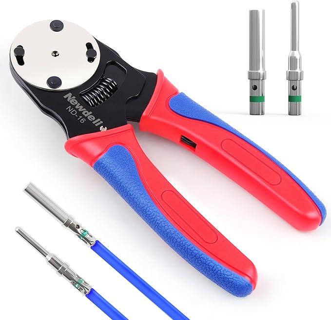 Newdeli Deutsch Crimp Tool Size 16 Deutsch Connector Tool 4 Way Indent 8 Impression Type Closed Barrel Crimper 14 16 18 AWG Solid Barrel Contact & Circular Connector Contacts Pin Crimping Tool