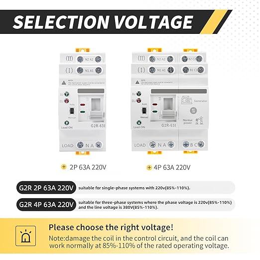Mini ATS Automatic/Manual Transfer Switch 4P 63A AC220V, Home Generator Manual Transfer Switches for Uninterruptible Power Supply, 3Phas Dual Auto Power Electrical Selector Switch DIN Rail Mount G2R