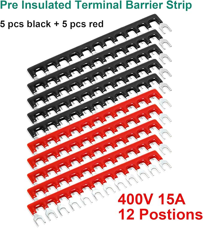 MILAPEAK Terminal Block and Strip - 5pcs 12 Positions 600V 15A Dual Row Screw Terminal Blocks with Cover + 10pcs 400V 15A 12 Positions Pre-Insulated Terminal Barrier Jumper Strips Black & Red