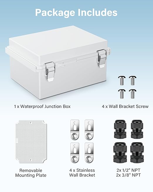 GEVEELIFE Waterproof Junction Box ABS Plastic, Outdoor Electrical Box IP67 Hinged Cover Project Box with Mounting Plate Wall Brackets and 2 Cable Glands, Grey Electrical Enclosure 8.7"x6.7"x4.3"