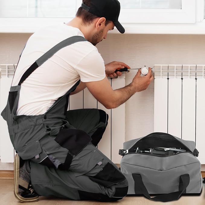 Small Tool Bag,Close Top Wide Mouth Tool Organizer Bag,Large Capacity Tool Bags for Men,Canvas Tool Storage Bag for Storage Handbag for Screwdrivers,Wrench (Shoulder strap+Gray, 12 Inch)