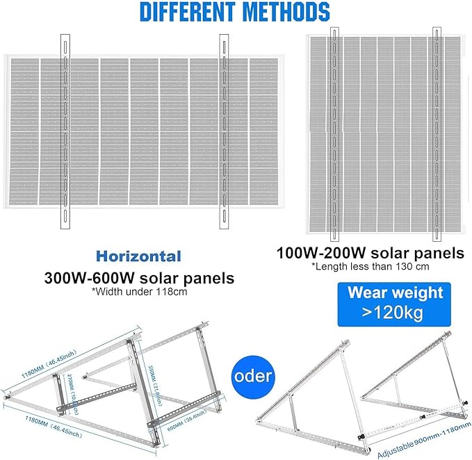 Solar Panel Mounting Brackets, 2 Sets 46 inch with Beam Reinforcement Support and Adjustable Inclined Legs, Ideal for 2-4pcs 100 200 300 400 500 Watt Solar Panel, for Roof, Boat, RV, and Off-Grid