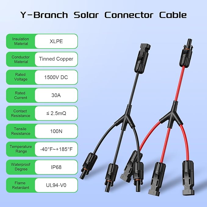 Bateria Power Solar Connectors - 30A Y-Branch Cable with Parallel Solar Panel Wire Connectors (Black and Red) in Pair (1*M/FFF+1*F/MMM)