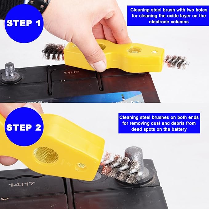 Battery Terminal Cleaning Brush, 4 in 1 Anti-Corrosion Car Battery Cleaner, Vehicle Battery Terminals Machine Parts Cleaning Tool for Auto Marine, Universal Car Accessories (Yellow)