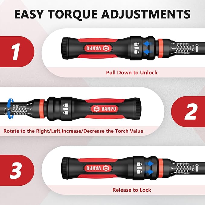 VANPO Torque Wrench 1/2-Inch Drive, 10-170.0ft.lb/13.60-230.5Nm,72 Tooth, TRP+ABS Plastic Handle, Click Torque Wrench with 1/2" to 3/8" Adapter & 125mm Extension Bar for Moto, Automotive Maintenance
