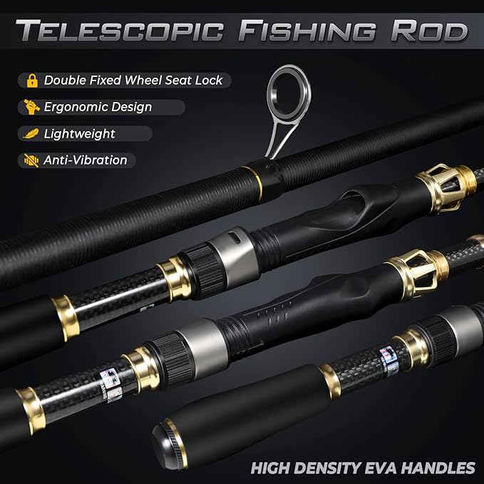 PLUSINNO Fishing Rod and Reel Combo,Fishing Pole,Telescopic Fishing Rod Kit with Spinning Reel, Telescopic Fishing Pole with Carrier Bag for Freshwater Saltwater for Men Women