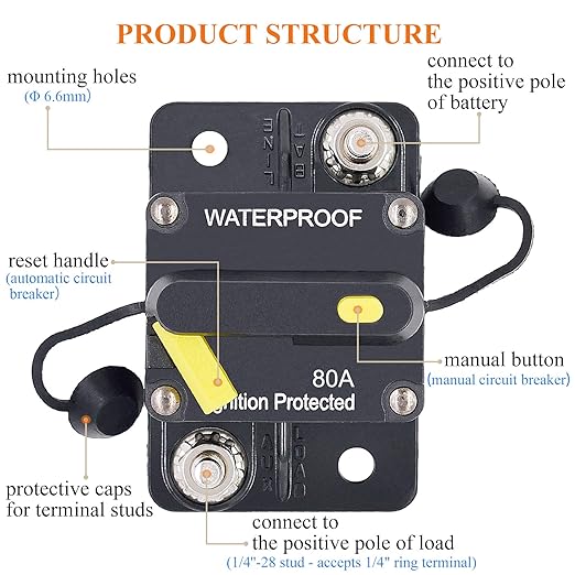 2-Pack 80 Amp Circuit Breaker with Manual Reset, DC 12V - 48V Circuit Protector for Marine Trolling Motor Car Amplifier RV Solar Truck ATV Inverter, Waterproof Surface-Mount Inline Fuse Holder