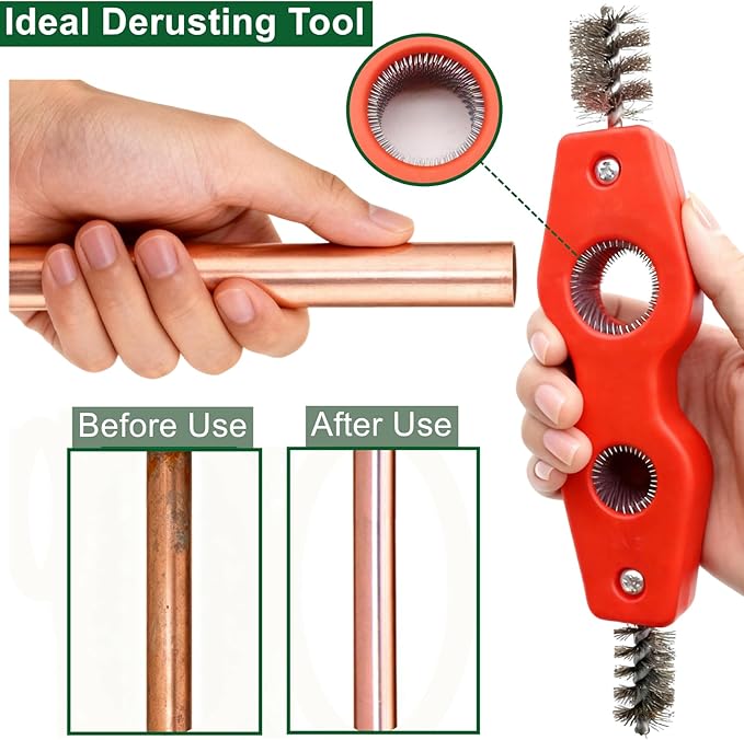 4-in-1 Copper Pipe Cleaner, 1/2" & 3/4" Copper Tubing Brush Inner & Outer Thread Cleaner, Plumber Deburring Brushs Pipe Cleaning Brush for Plumbing Soldering Brazing (2pcs)
