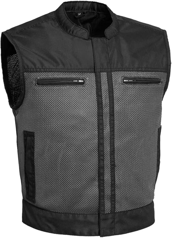 First Mfg Co Lowrider Mens Motorcycle Biker Riding Armor Club Style Black Leather, Twill, Moto Mesh, Perforated Vest