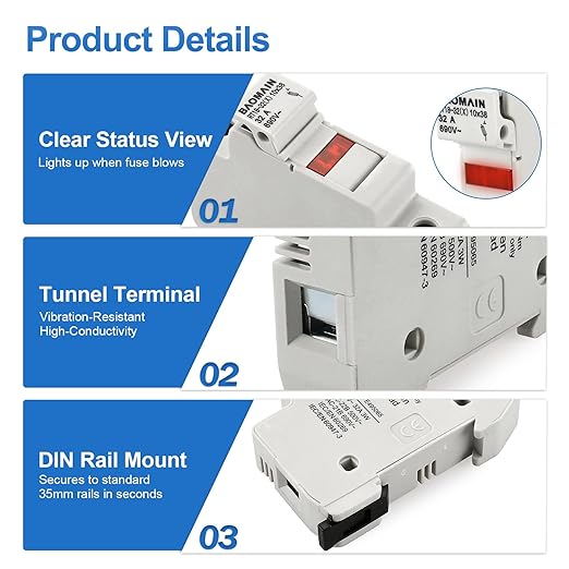 Baomain RT18-32 Fuse Holder Base with 10x32A Ceramic Fuses (10x38mm) – 1 Pole DIN Rail Mount, LED Indicator, CE Certified (32 Amp)