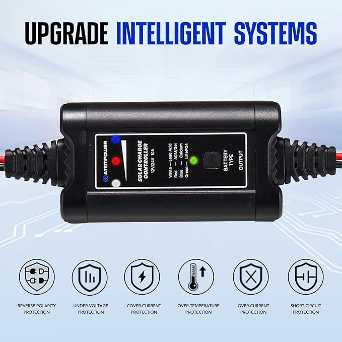 10A MPPT Solar Charge Controller, ATEM POWER 12/24 Volt Intelligent Portable Solar Panel Controller for Solar Panels, Solar Regulator with LED Indicate for Gel AGM Lead-Acid, LiFePO4, Lithium Battery