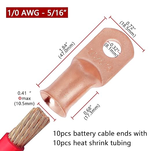 TKDMR 10pcs 1/0 AWG-5/16 Battery Lugs,Heavy Duty Wire Lugs,Ring Terminals,Battery Cable Ends,0 Guage terminals,Battery Terminal Connectors with 10pcs 3:1 Heat Shrink Tubing