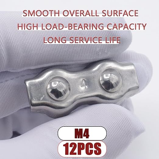 12pcs M4 Stainless Steel Duplex Wire Rope Clip Cable Clamp, Double Bolt Wire Cable Clamps, 2-Post Wire Rope Clip for 1/8 Inch Diameter Wire Cable