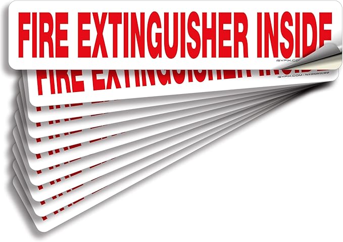 iSYFIX Fire Extinguisher Inside Signs Stickers for Vehicles – 10 Pack 12x2.5 Inch – Self-Adhesive Vinyl Decals, Laminated for UV, Weather, Scratch, Fade Resistance, for Cars, Trailers and Trucks