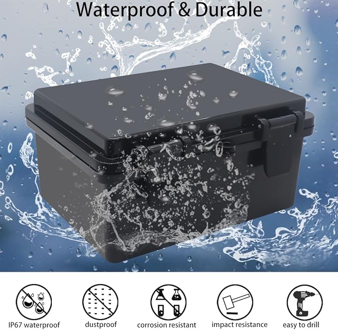 Junction Box, Hinged Black Cover IP67 Waterproof ABS Project Box with Mounting Plate Electrical Box Enclosure with Wall Bracket 7.1 x 5.1 x 3.5inch(180x130x90mm)