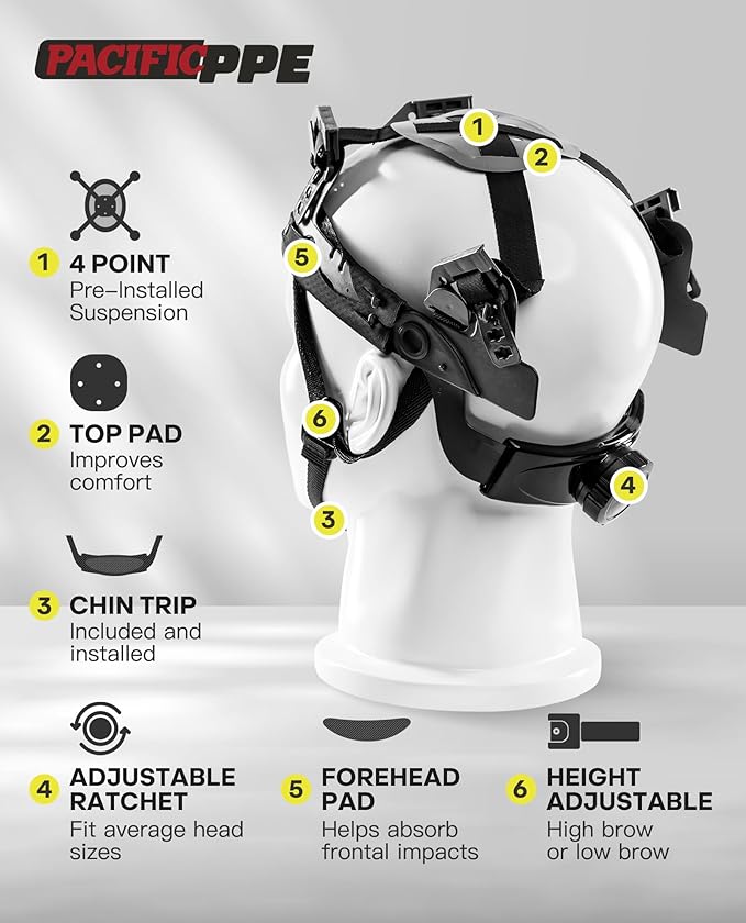 PACIFIC PPE Full Brim Hard Hat, OSHA Construction Safety Helmet Certified to ANSI Z89, 4 Point Adjustable Ratchet Suspension, Class E, G & C, Black