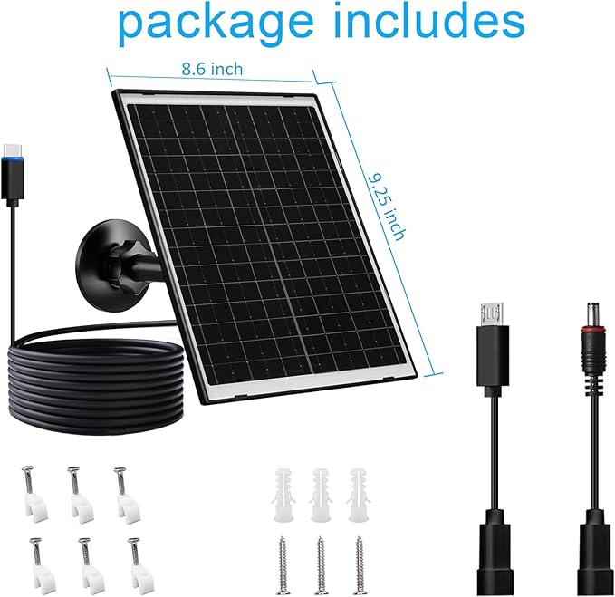 10W Solar Panel for Security & Trail Cameras, 5V Outdoor Camera Charger with USB-C Cable, DC 5.5x2.1mm & Micro USB Port, IP66 Waterproof with Adjustable Mount & 7.2FT Cable
