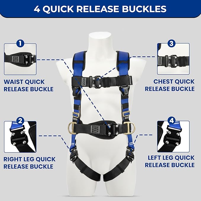 Sorano Safety Harness Fall Protection, Full Body Roofing harnesses with Shock Absorbing Lanyard for Men & Women OSHA/ANSI Compliant, Upgrade 4 Quick Buckles