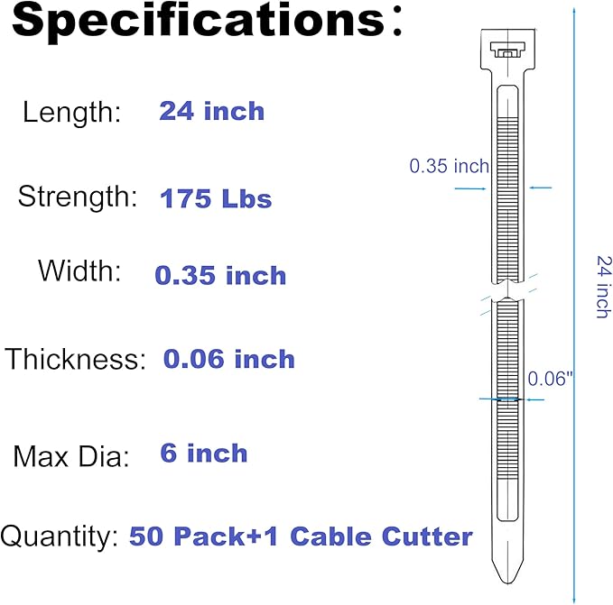 24 Inch Cable Zip Ties Heavy Duty (with Wire Cable Cutters), Strong Large Black Zip Ties with 175 Pounds Tensile Strength, 50 Pack, Long Durable Nylon Black tie Wraps, Outdoor UV Resistant