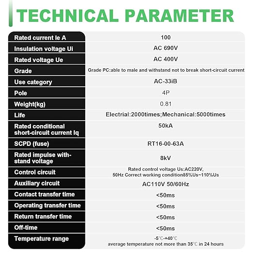 63Amp AC110V Automatic/Manual Transfer Switch 4P 50/60Hz, 4POLE 100A Mini ATS Solar Auto Dual Power Switch for Home, Din Rail Mounted Cn Automatic Changeover Fast Transfe for Rv, Lv Power