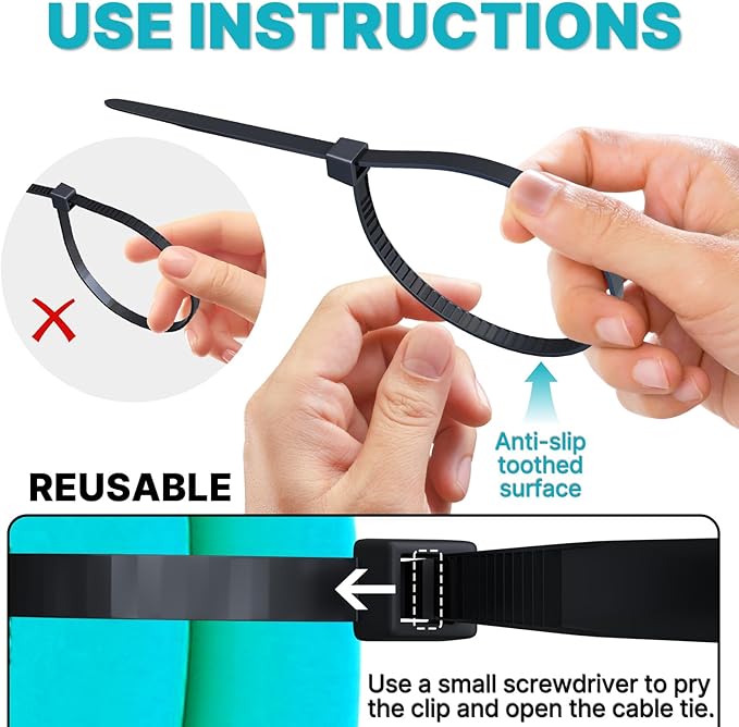Cable Ties, Black, 0.35 inch*16 inch (9 mm x 400 mm), 120-Pack: UV-Resistant, Long Cable Ties, Black, 28 kg Tensile Strength. Suitable for indoor and outdoor use, home, and office.