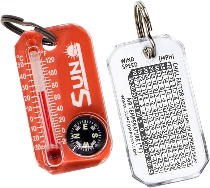 Sun Company Therm-o-Compass | Multi-Functional Zipper Pull Compass & Thermometer with Wind Chill Chart | Ideal for Camping, Hiking, and Outdoor Navigation
