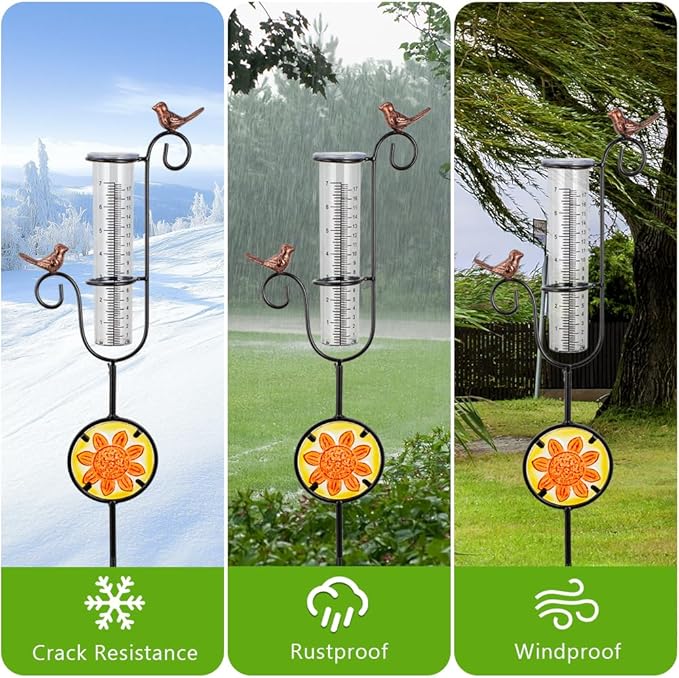 Rain Gauge Outdoor, Hummingbird Rain Gauge, Metal Rain Measure Gauge with Stained Glass, Decorative Rainfall Measurement for Patio, Lawn, Garden Decor
