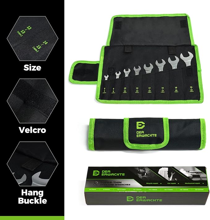 Super-Thin Open End Wrench Set, Metric, 8-Piece, Including 6, 7, 8, 9, 10, 11, 12, 13, 14, 15, 16, 17, 18, 19, 22, 24 mm, Slim Spanner Wrench Set with Rolling Pouch
