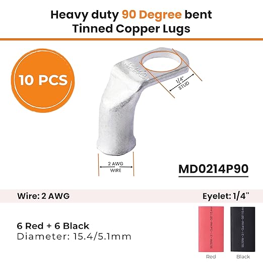 SELTERM 10pcs - 2 AWG 1/4" Stud - 90° Bent Battery Lugs - Ring Terminal Connectors with 12pcs 3:1 Black & Red 5/8" Heat Shrink Tubing - Heavy Duty Battery Cable Ends - Tinned Copper Wire Connector Kit