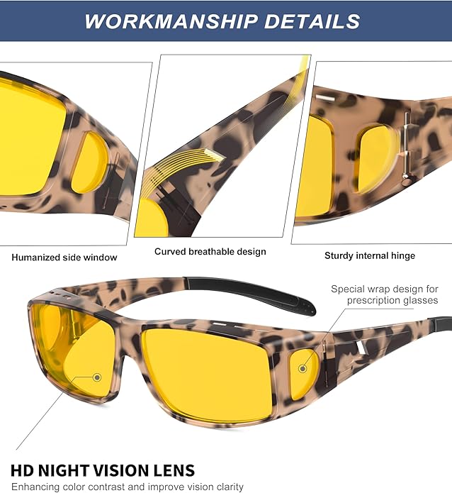 KALIYADI Night-Vision-Glasses Fit-Over-Glasses Wrap-Around Glasses: Anti Glare Night Driving Glasses for men women HD Lens