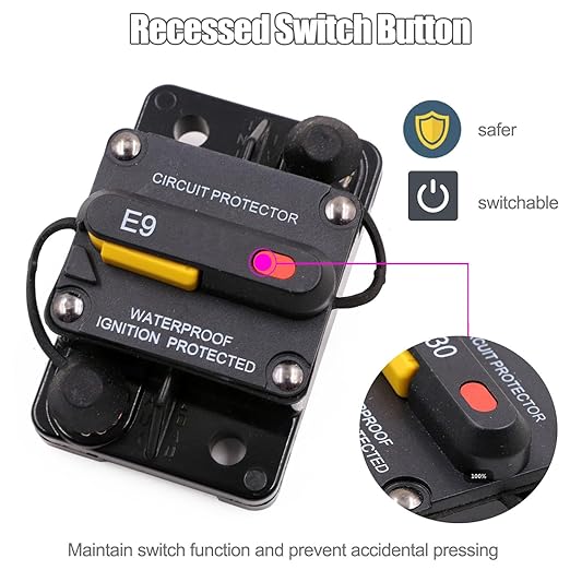 E9 150 Amp Circuit Breaker with Recessed Switch Design | Waterpoof IP67 Protection DC 12V-48V 150A Manual Reset UL Surface Mount