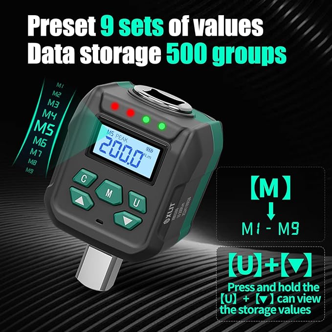 1/2" Digital Torque Adapter Set with Socket Adapters (1/4", 3/8") - ±2% Accuracy, 7.4-147.5 ft-lb, Buzzer & LED Alerts, Working with Ratchet Wrench, Breaker Bar - For Automotive, Motorcycle & Car