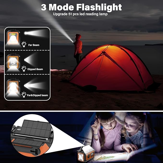 44400mWh/12000mAh Emergency Weather Radio, Hand Crank Radio Solar Radio Portable AM/FM/NOAA Radio with 2 Solar Panels 3 Charging Methods SOS Alarm 3 Mode Flashlight Phone Charger Compass Reading Lamp