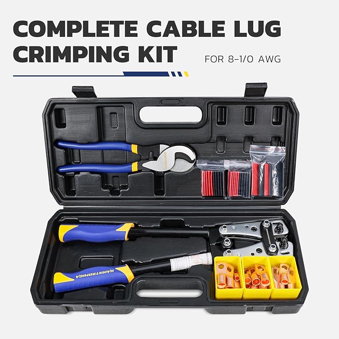 haisstronica Heavy Duty Battery Cable Crimping Tool Kit-Ratchet Hex Extended Handle Crimper for 8,6,4,2,1,1/0 AWG Copper Lugs with Blow Molded Box,Cable Cutter, 48PCS Copper Lugs&Heat Shrink Tubing