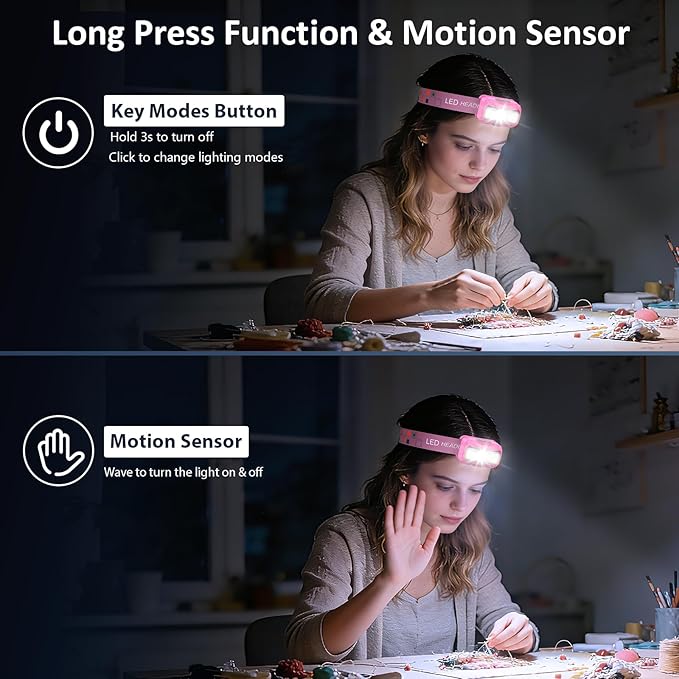 LHKNL Headlamp Rechargeable, Lumen Super Bright Motion Sensor Head Lamp Flashlight,2-Pack Waterproof LED Headlight with White Red Light,8 Modes Head Lights for Camping Cycling Running Fishing-Pink