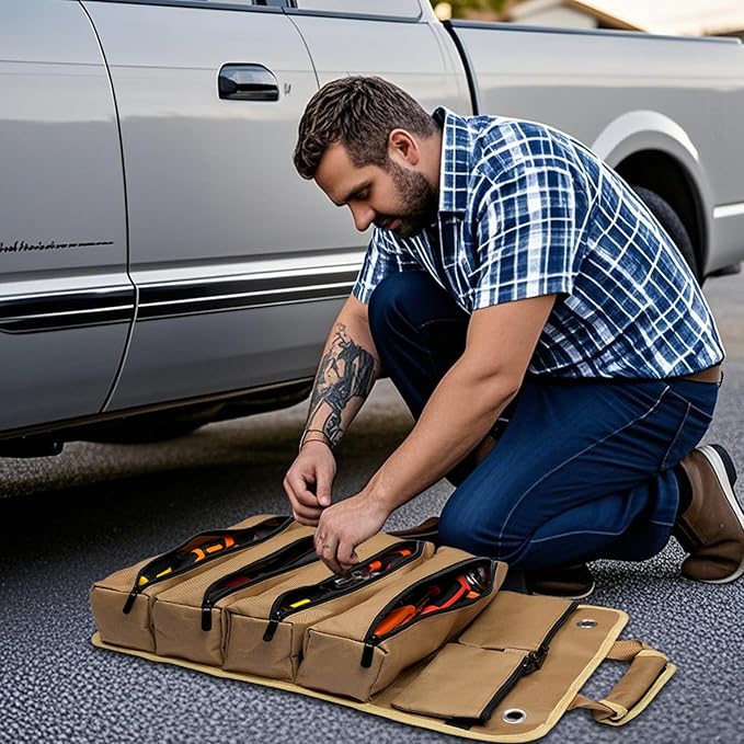 Roll Up Tool Bag, Heavy Duty Portable Tool Organizer with 2 Detachable Pouches and 4 Compartments, Water-Resistant Canvas Tool Roll for Car Garage Electrician Mechanic Handyman (Khaki)