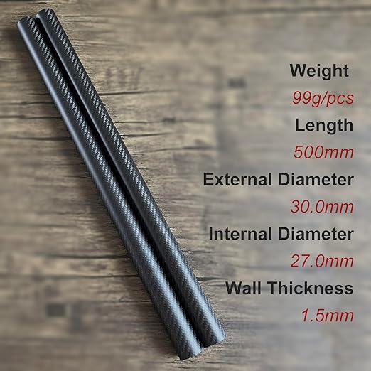 2pcs 30mm Carbon Fiber Tube 30mmx27mmx500mm,1.5MM Wall Thickness 500MM Length,3K roll Wrapped Twill Matte Finish