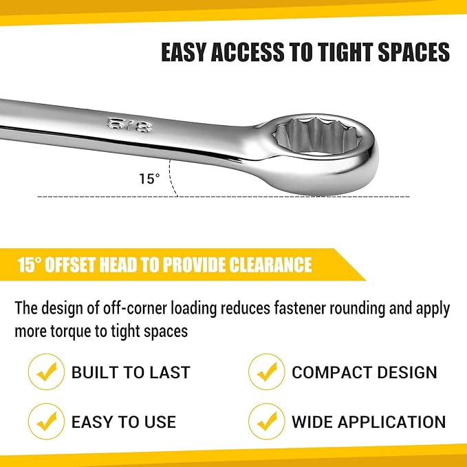 DEKOPRO Combination Wrench Set, SAE, 15-piece, 1/4'' to 1'', 12-Point, Chrome Vanadium Steel, with Plastic Tray